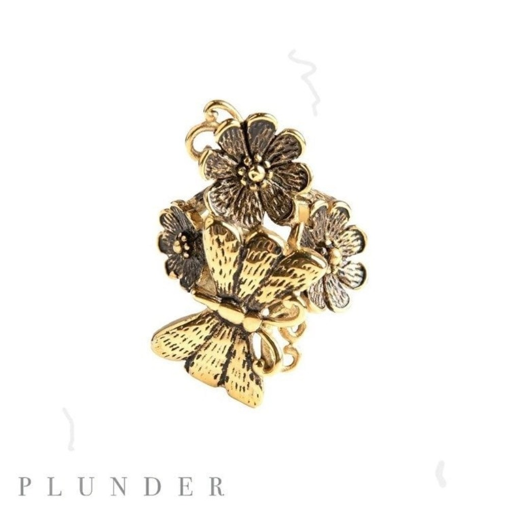 Plunder Design Antique Gold Butterfly Floral Statement Ring Size‎ 7